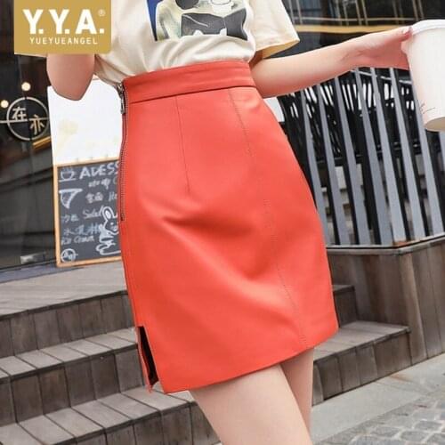 Casual Women High Waist Skirt 2021 New Hot Split Wrap A-Line Genuine Leather Skirts Female Fashion Biker Zipper Sexy Mini Skirt