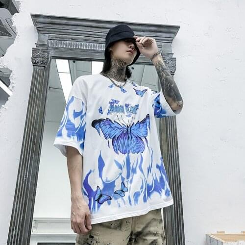 Casual BF Tops Tees Men T-shirts Hip Hop Tshirts Pullover Couple Wear Streetwear Loose T Shirt Top Print Butterfly Cotton Short