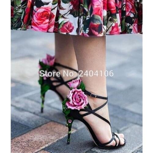 Celebrity Runway Rose Vines Ladies Party Wedding Shoes Black Pink Red Silk Sandalen Summer Sexy High Heels Flower Sandals Women