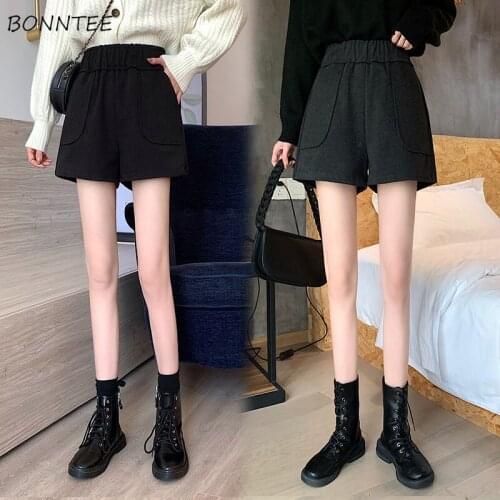 Shorts Womens Wool Pockets Elastic High Waist Solid All-match Loose Chic Students Ladies All-match Streetwear Winter Trousers