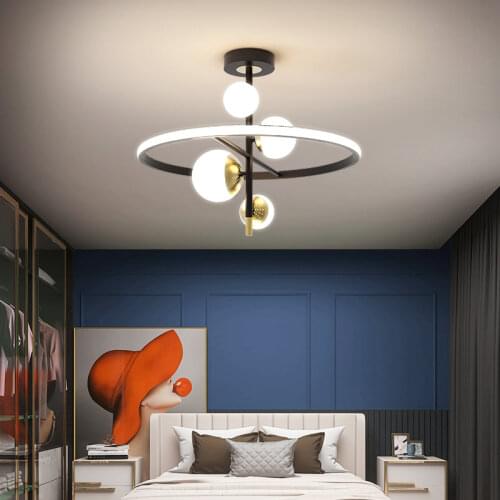 Nordic Modern Led Ring Glass Chandelier Designer Home Lustre Black Ceiling Lamp for Dining Room Bedroom Kitchen Light Fixture