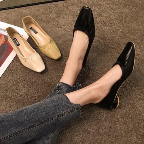 Comfortable Low Heels Pumps Korean Style Square Toe Womens Shoes Pleated Upper Soft Leather