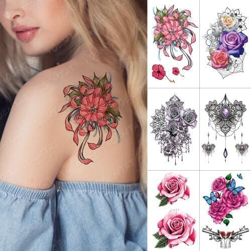 Waterproof Temporary Tattoo Sticker Snake Rose Lotus Flash Tattoos Lace flowers Body Art Arm Water Transfer Fake Tatoo Women Men