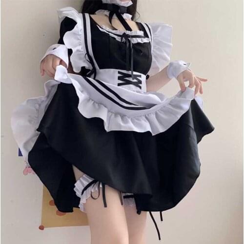 Japanese Summer 2021 New Sweet Cute Soft Girl Cosplay Lolita Cute Maid Dress Lolita Kawaii Short Sleeve Ruffle Bandage 6pc Dress