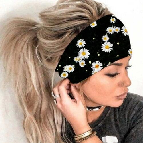 Sun Flower Printed Women Headband Wide Sports Yoga Sweatband Elastic Stretch Hairband Headwear Boho Turban Hair Accessories