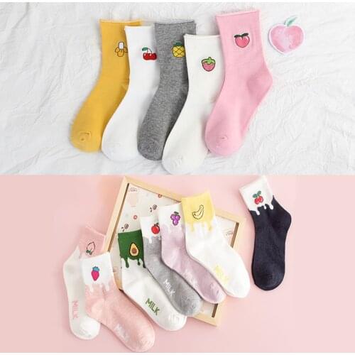Q High Quality Fashion Cotton Women Socks Summer Patchwork Color Korean Mid Tube Sports Breathable Fruit Pattern Sock