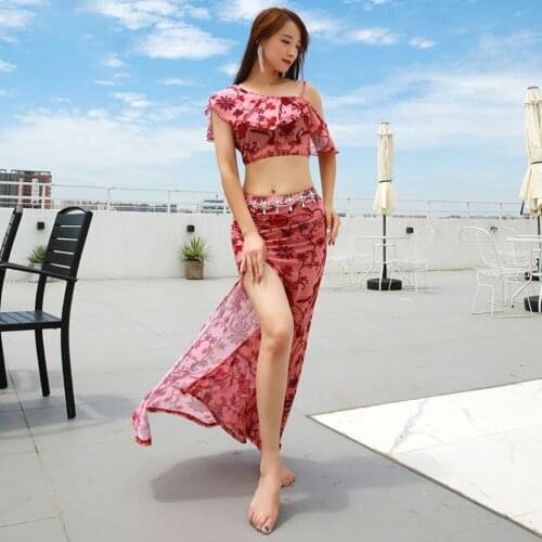2021 New 5522 Belly Dance Dress Women One Side Shoulder Tops Floral Skirt Latin Dance Dress Performance Modern Dancing Dress