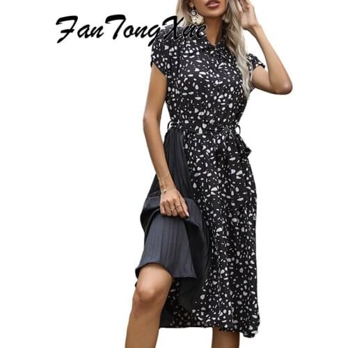 Vintage Dress for Women Summer Polka Dot Print Patchwork Draped Office Lady Dress Women Short Sleeve Lace Up Mid-calf Dresses