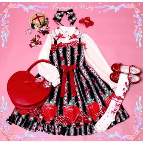 Big Strawberry Bows Womens Lolita JSK Dress Cute Summer Lace Sleeveless Suspender Dress One Piece Pink & Black & Blue