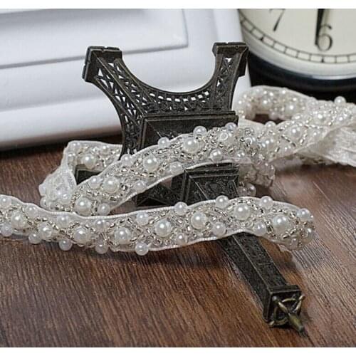 1 Meter Width 0.39" 1CM White DIY Handmade Beaded Lace Trim Ribbon Decorative collar Pearl L2Q7