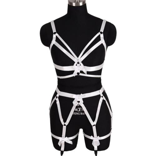 2 Piece Sexy Lingerie Body Harness Suspenders Chest Bowknot Crop Top Bra Underwear Set Women Gothic Stockings Garter Belt Fetish
