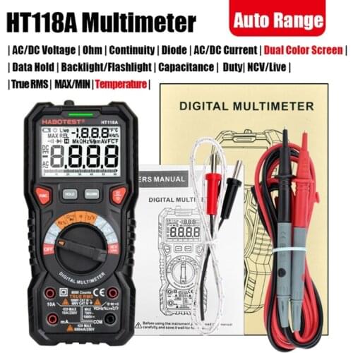 HT118A Digital Multimeter AC/DC Handheld Tester NCV Voltage Amp Ohm Capacitance Hz Temp Tester with Flashlight