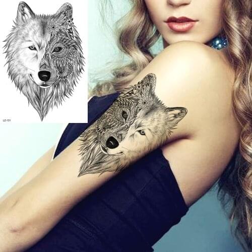 GoldOcean Black India Henna Wolf Women Arm Tattoos Temporary Body Legs Tattoo Sticker Fake Waterproof Men Custom Big Tatoo Paste