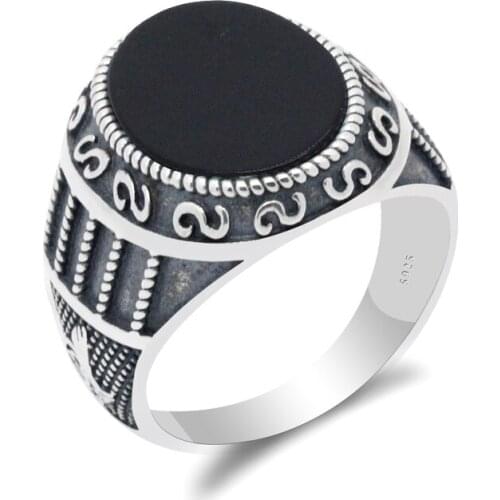 Turkish Black Stone Ring 925 Sterling Silver Oval Flat Natural Onyx Stones Ring Vintage Punk Style for Men Women Jewelry