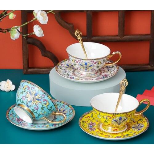 Creative retro enamel bone china coffee cup ceramic cup afternoon tea cup luxury gold coffee cup set