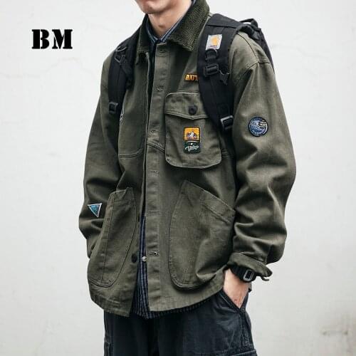 2021 Spring Japanese Streetwear High Quality Badge Label Cargo Jacket Harajuku Casual Coat Men Clothing Fashion Workwear Tops