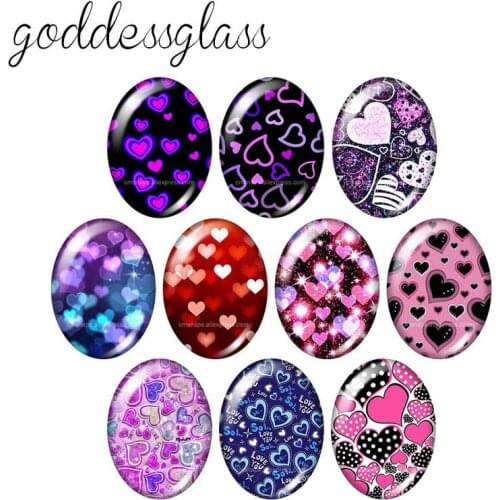 Love hearts patterns flowers Pink 10pcs mixed 13x18mm/18x25mm/30x40mm Oval photo glass cabochon demo flat back Making findings
