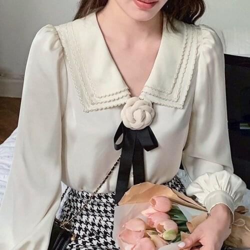 Puffer Sleeve Retro Sweet Blouse Women Casual 2021 Autumn Elegant Y2k Tops Office Lady Korean Fashion Pure Color Shirts Female