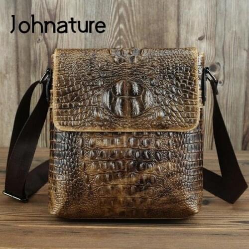 Johnature Vintage Genuine Leather Men Bag 2021 New Simple Crocodile Pattern First Layer Cowhide Small Shoulder Messenger Bags