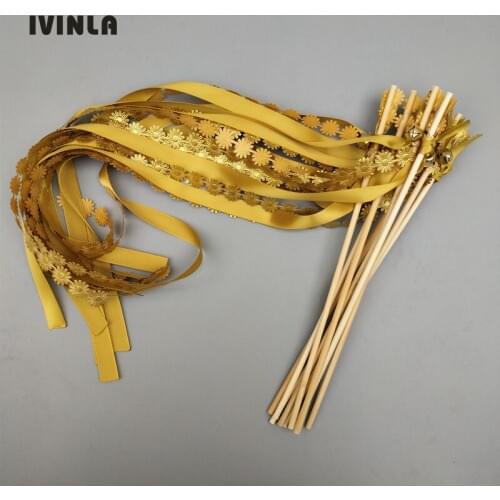 Newest 25pcs/lot gold wedding Ribbon Wands with big gold Bells for wedding party