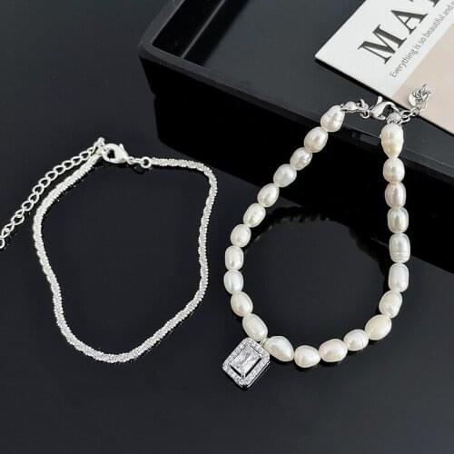 Origin Summer Double-layer Real Pearl Beaded Bracelets for Women Ladies Square Spark Rhinestone Pendant Charm Bracelets Jewelry