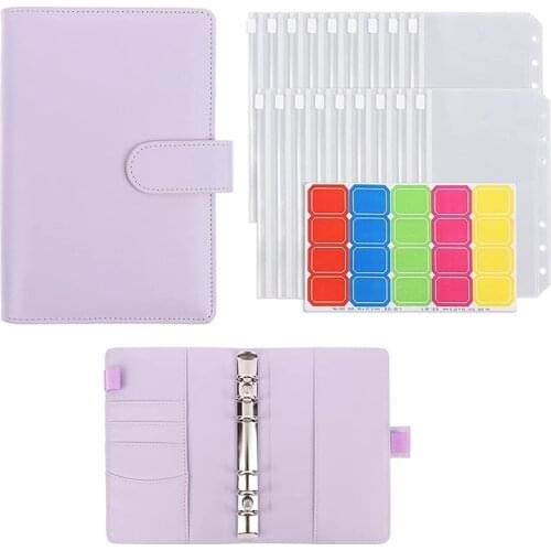 PPYY-A6 PU Leather Binder Cover Pink Leather Binder File Pocket Loose-Leaf Folder 6-Ring PVC Budget Envelope Binder B
