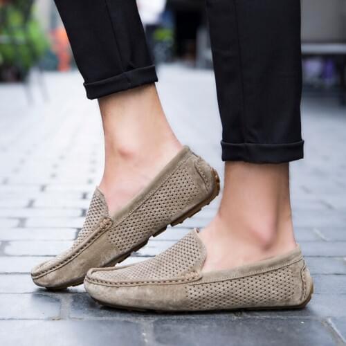 QWEDF Mens Shoes Casual Luxury Brand Summer Men Loafers Genuine Leather Moccasins Comfy Breathable Slip On Boat Shoes X7-67