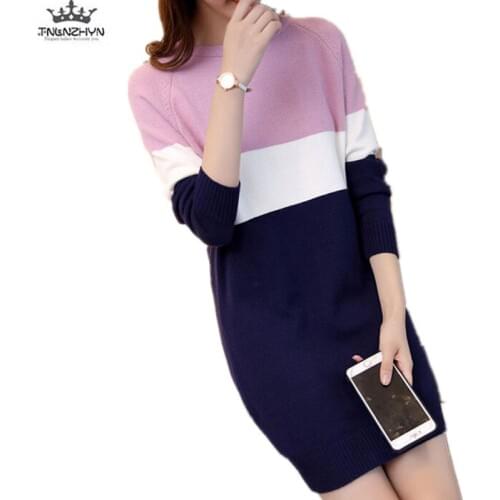 Women Sweater Autumn Winter New O-Neck Hit color Stitching Pullover Knitting Sweater Loose Large size Medium long Ladies Sweater