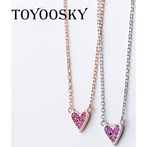 TOYOOSKY S925 Silver Necklace Fashion Temperament Purple Crystal Heart-Shap Necklace & Pendants Personality Simple Chain Jewelry