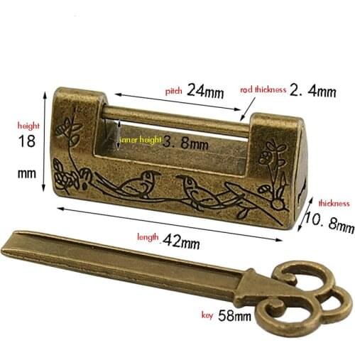 Antique Style Carved Bird Flower plant Padlock Lock 42mm Long Body Mini Size Vintage Box Lock with Key for Jewelry Box Drawer