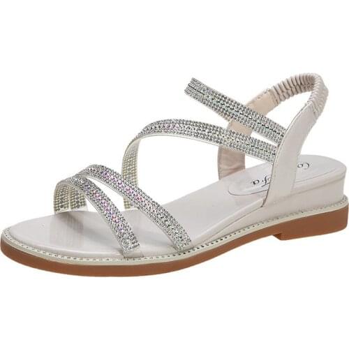 New Summer Women Elegant Sandals Heels Slip On Shoes Crystal Sequins Chaussure Femme Casual Girls Wedges Platform 4CM Zapatos
