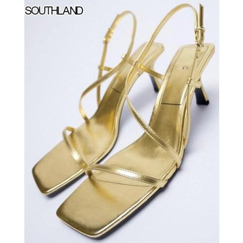 SOUTHLAND Summer new style Womens shoes Golden plated Metal layer High heels Leather sandals