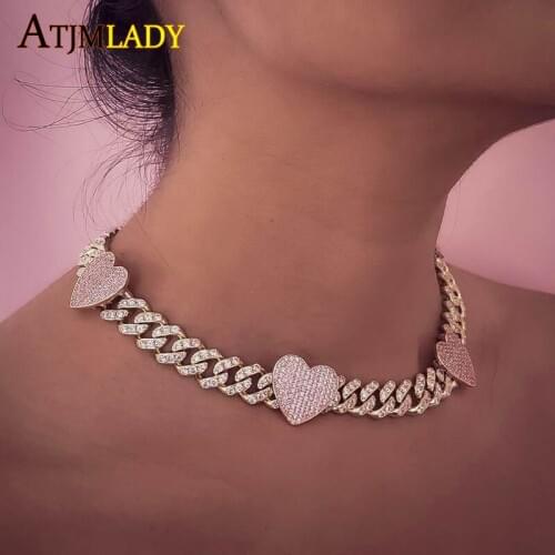 12mm width pink heart Iced out bling 5A cubic zirconia bling cz choker necklace women girlfriend gift cuban link chain jewelry