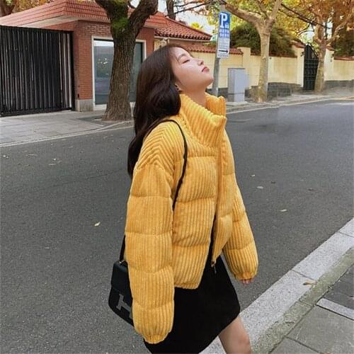 Womens Corduroy Cotton Coats Winter Korean Fashion Casual Stand Collar Zipper Thick Warm Overcoats Female Streetwear Outwear