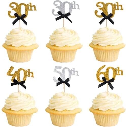 10pcs Gold 30th 40th 50th 60th Years Cake Toppers Happy Birthday Party Decorations Adult Anniversary Black Bow Cupcake Toppers