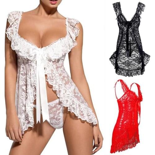 2Pcs/Set Erotic Lace Sleepwear Women Sexy Perspective Open Front Top G-string Sexy Babydoll Chemise Temptation Nightdress Hot