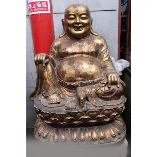 48" Chinese Buddhism Bronze Gild Seat moneybag Happy Laugh Maitreya Buddha