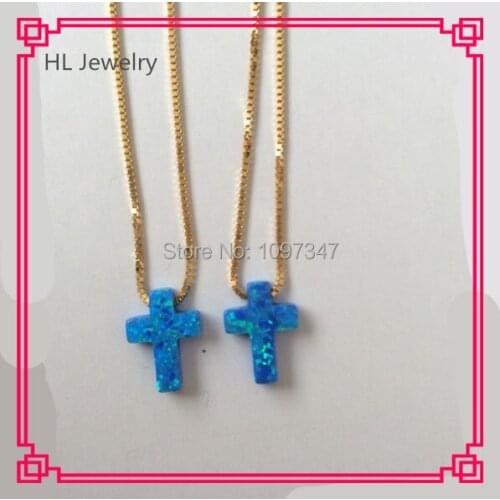 DHL Free Shipping 9*12mm Pacific Blue Fire Opal Cross Pendant 925 Sterling Silver Box Chain Necklace