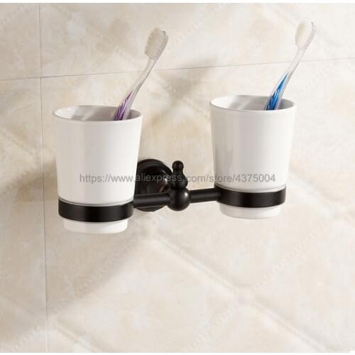 Oil Rubbed Bronze Wall Mounted Dual Cup Holder Toothbrush Holder W/ Two Ceramic Cups Nba828