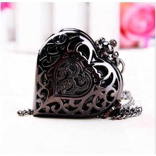 Elegant Black Hollow Heart Shape Quartz Pocket Watch With Sweater Necklace Chain Gift To Women Girls 20pcs