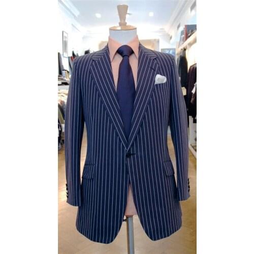 Nice Tailored Navy Blue Stripes Suit Men Groom Tuxedo Wedding Suits for Men Jacket 2 Piece Custom Prom Blazer Terno Masculino 07