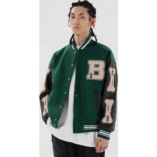 Dropshipping Hip Hop Furry Bone Patchwork Color Block Jackets Men Harajuku College Style Bomber Jacket Male Casual Baseball Coat