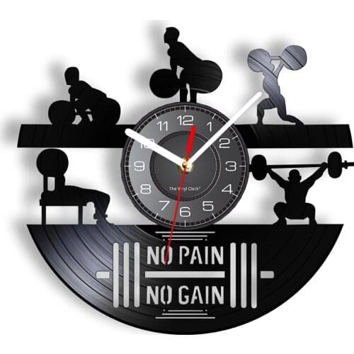 NO PAIN NO GAIN GYM Sport Vinyl Record Wall Clock Keeping Healthy Dumbbell Exercise Room Sport Club Decorative Fitness Art Clock