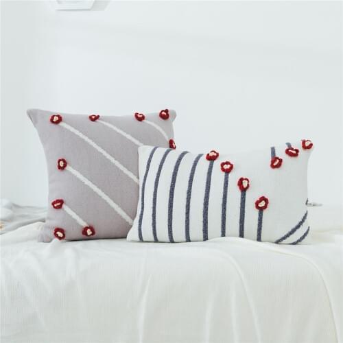 Floral Cushion cover Knit White Pillow Cover With Grey Stripe Embroidery Handmade 45x45cm/30x50cm For Sofa Nursery room