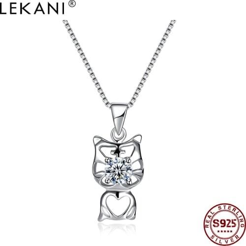 LEKANI 925 Sterling Silver Cute Cat Animal Pendant Necklaces Women Hollow Heart With Shiny Cubic Zirconia Necklace Jewelry