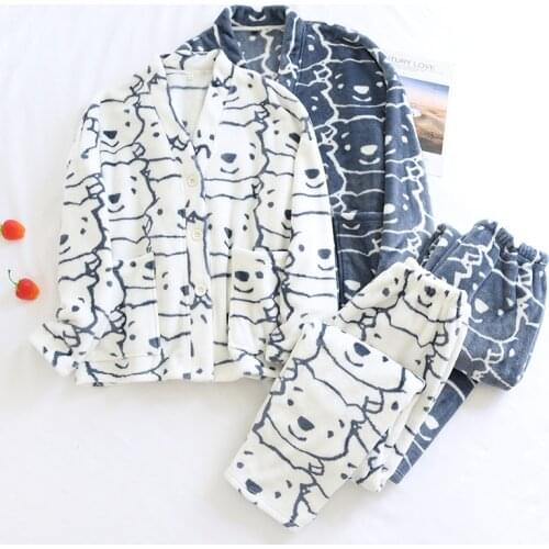 Flannel Couple Pajamas Set 2PCS Autumn And Winter Pajamas Set Cute Long Sleeve Trouser Sleepwear For Women Female Home Service