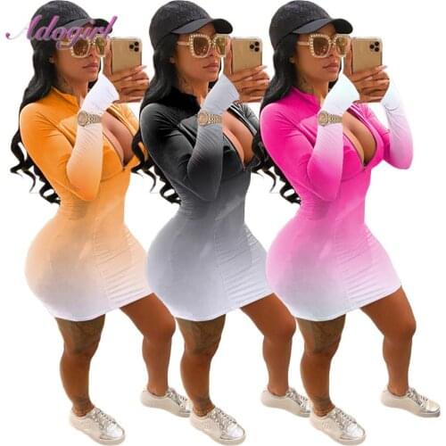 Sexy Gradient Print Low Cut Zipper V-Neck Evening Party Club Bodycon Mini Dress Elegant Outfit Streetwear Dresses Casual Vestido