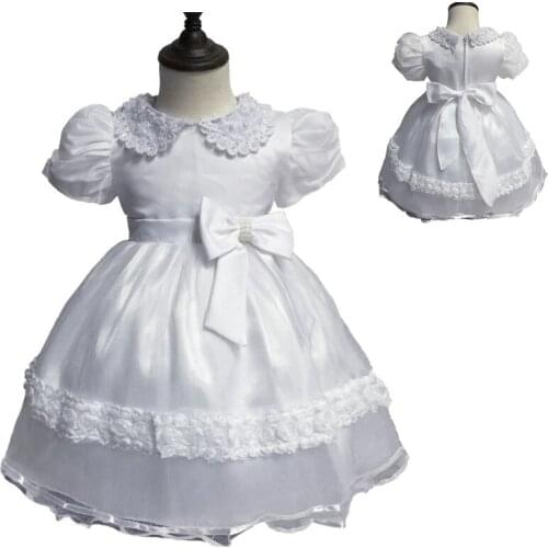 Baby Girls Gowns White Communion Dresses Short Puff Sleeves Mid Calf Formal Infant Dress With Bow Toddler Christening Baptism