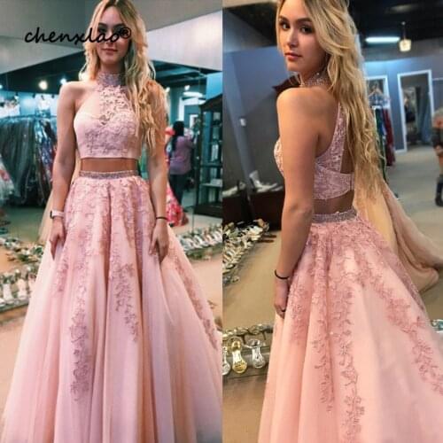 Blush Pink Two Piece Prom Dresses Long vestidos de fiesta largos elegantes de gala Lace Tulle Imported Party Dress Formal