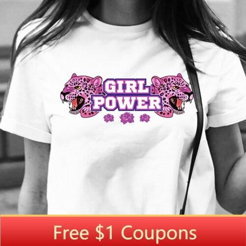 T Shirt Girl Power Aesthetic Pink Tiger Printed Female Tops & Tees Plus Size White Cotton Casual Tee Shirt Femme 2019